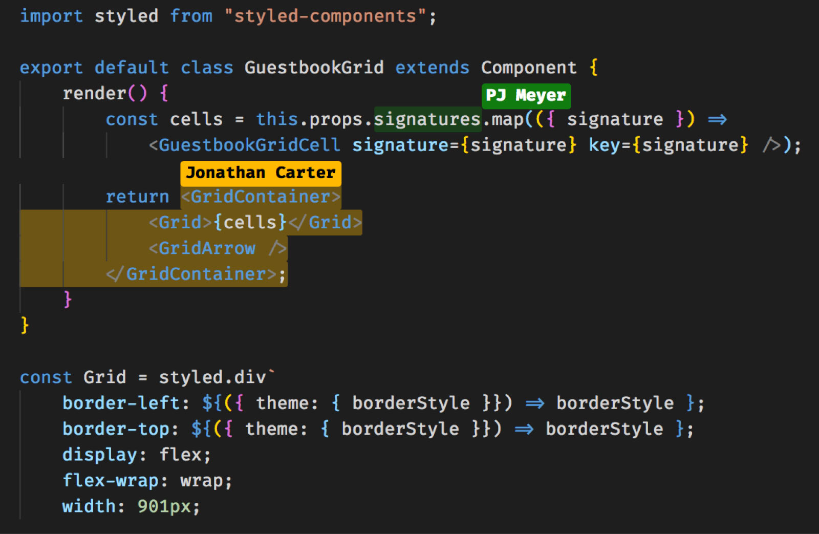 Capture d’écran de 2 utilisateurs modifiant la même section de code