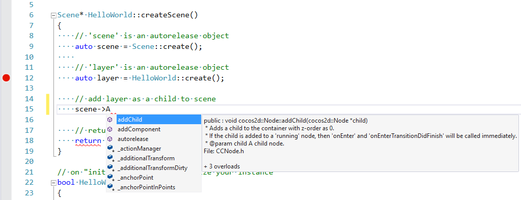 Cocos IntelliSense screenshot