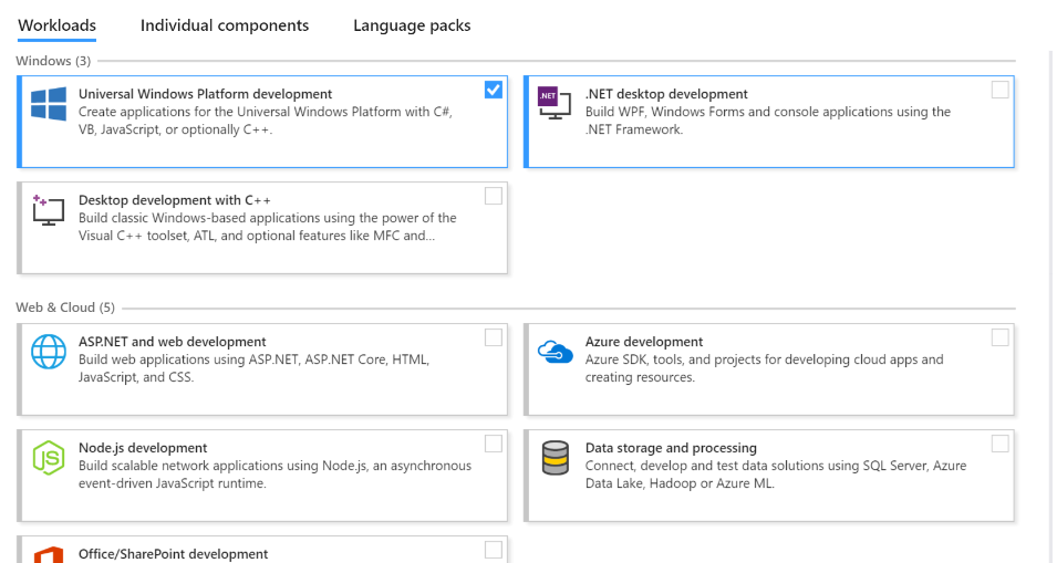 Capture d’écran des options du programme d'installation de Workload