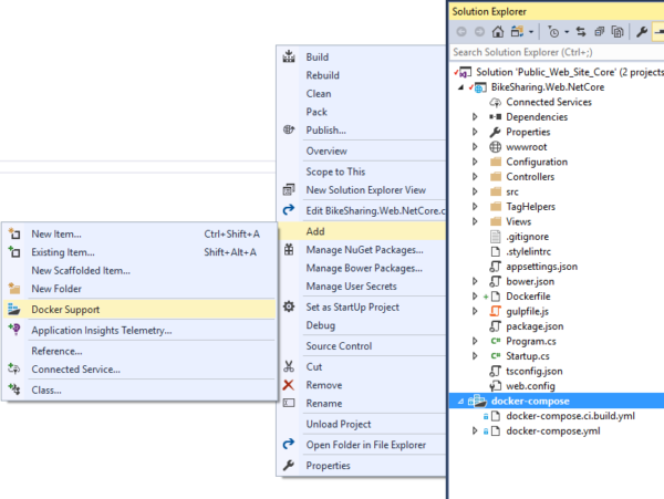 Visual Studio のコンテナー開発ツールのスクリーンショット